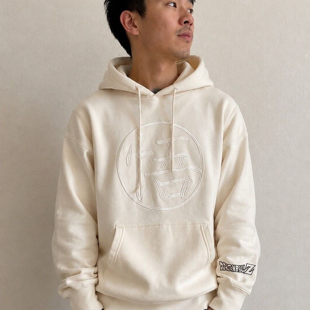 Dragon Ball Z Goku Kanji Pullover Hoodie Mens XS Ivory Embroidered